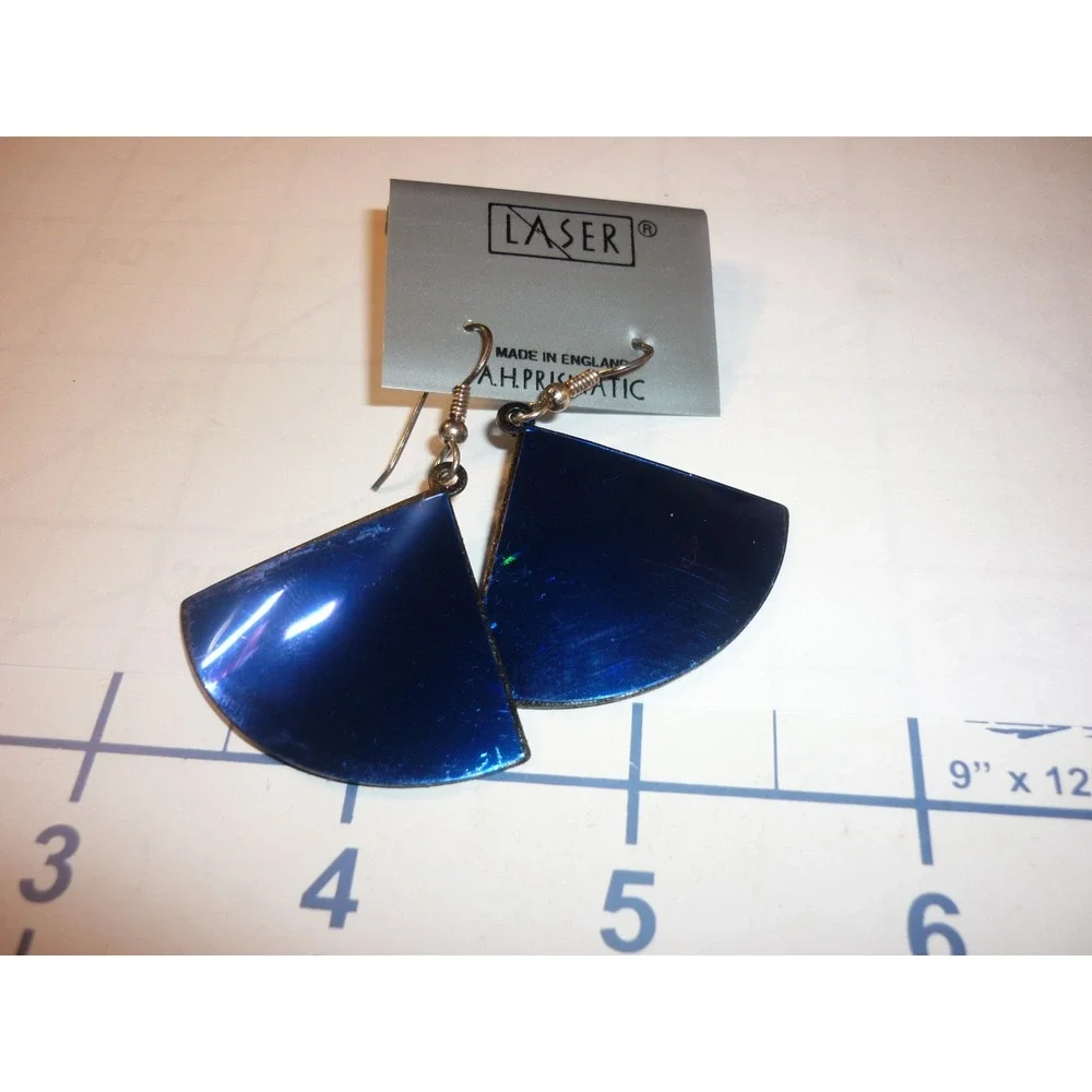 Laser Vintage Cobalt Blue Prismatic Fan Drop Earrings Made in England Retro‎ 80s